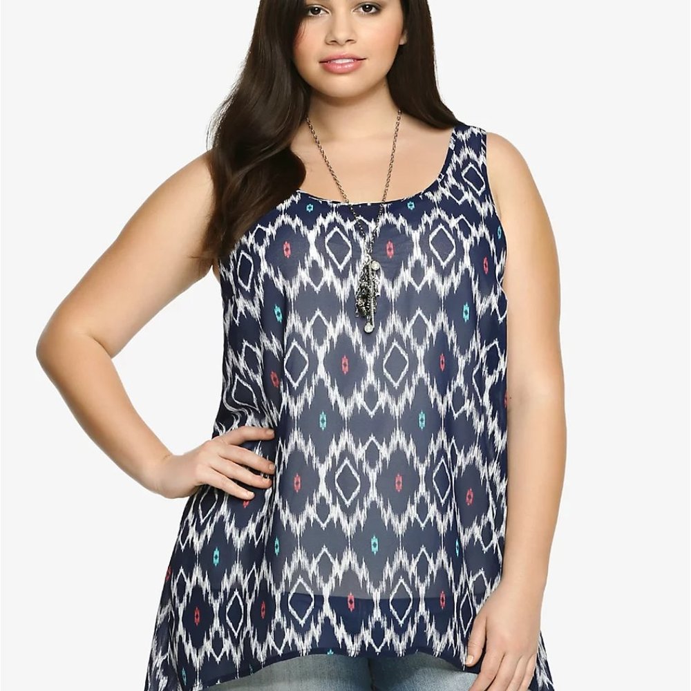 Torrid Womens Ikat Print Chiffon Tank Top Sleeveless Navy White Torrid Size 3=3X